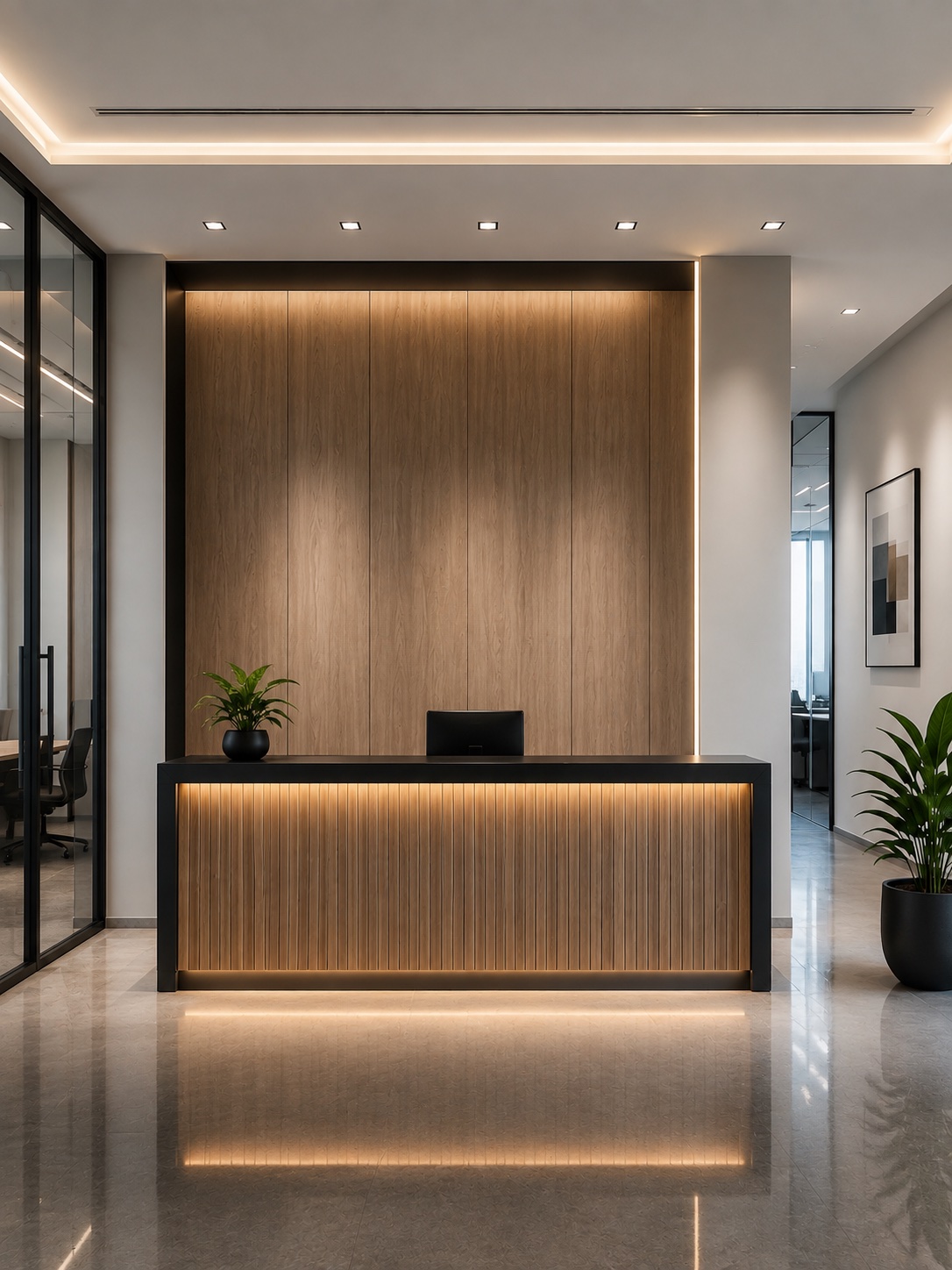 Modern office reception with warm backlit timber panelling
