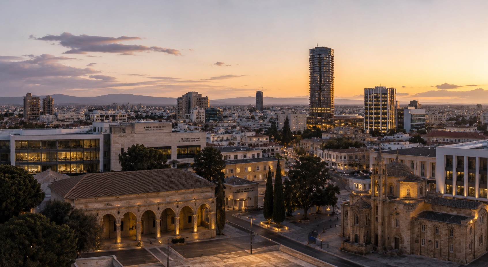 Nicosia city skyline at sunset near our Nicosia office