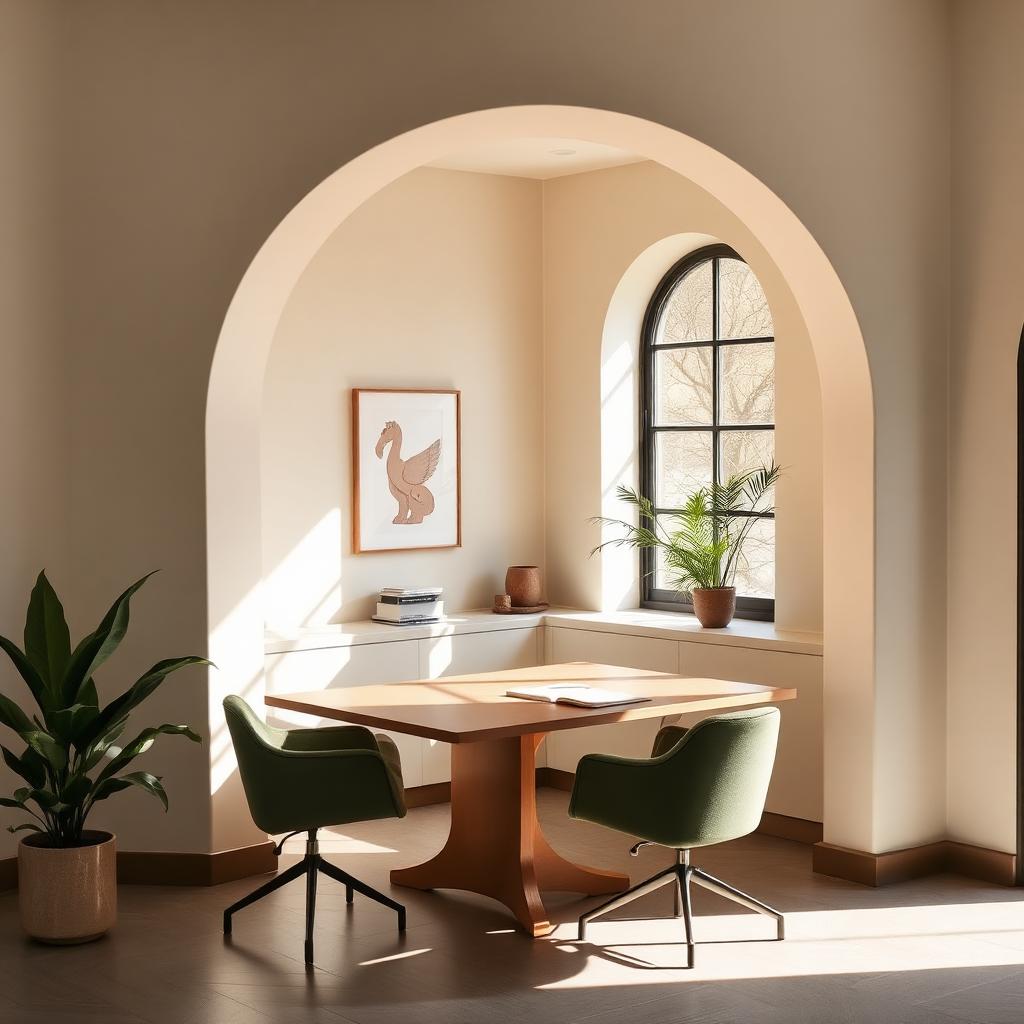 A quiet meeting nook with an arched window and warm natural light